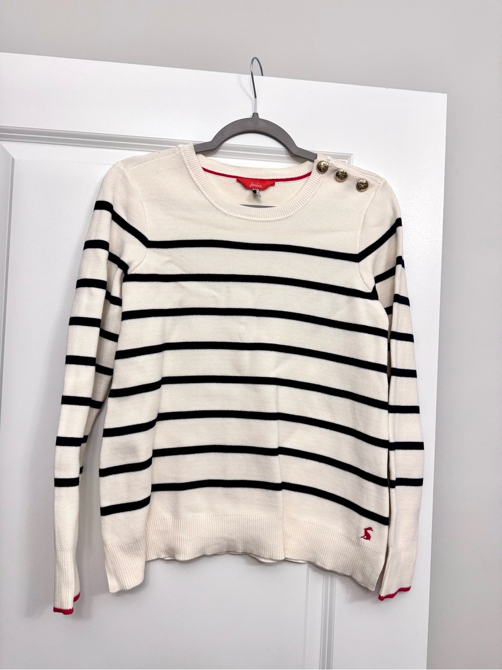 Joules Cream & Navy Striped Crewneck Sweater Gold Tone Shoulder Buttons Size 4